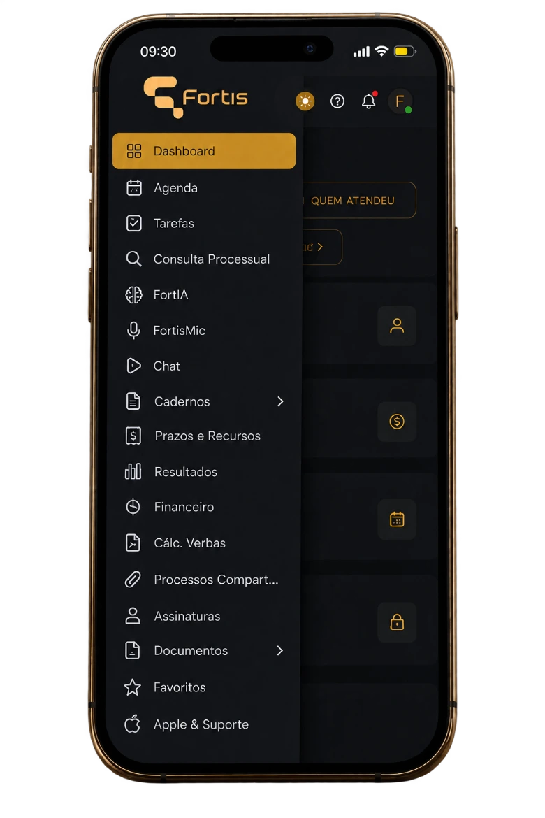 Fortis aberto no celular, com o menu do sistema